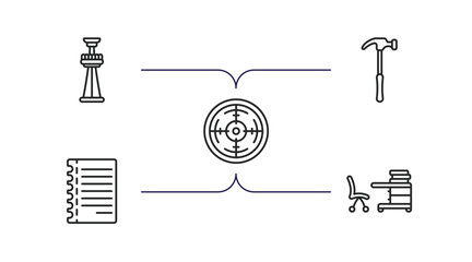 Poster - other outline icons set. thin line icons such as tower freefall, work hammer, shooting gallery, notepad sheet, studying zone vector.