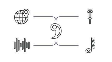 Wall Mural - music and media outline icons set. thin line icons such as globe with pointer, tuning fork, breath mark, sound bars, hemidemisemiquaver vector.