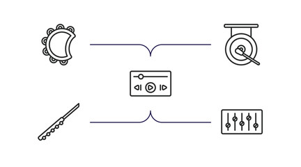 Poster - music outline icons set. thin line icons such as tambourine, gong, music player, flute, equalizer ve