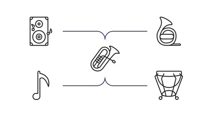 Poster - music outline icons set. thin line icons such as speaker, horn, tuba, music note, kettledrum vector.