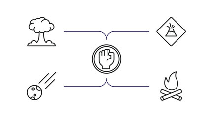 Poster - meteorology outline icons set. thin line icons such as bomb explosion, volcano warning, revolution, space comet, woods on fire vector.