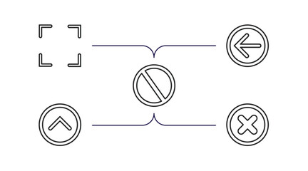 Sticker - interface outline icons set. thin line icons such as fullscreen, left, disable, up, x mark vector.