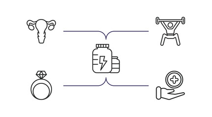 Poster - health and medical outline icons set. thin line icons such as gynecology, weightlifting, proteins, rings, health care vector.