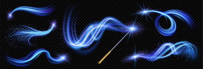 realistic magic wand with set of blue light vortex effects isolated on transparent background. vecto