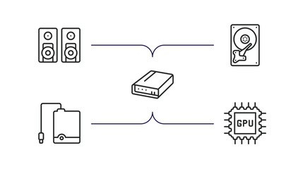 Poster - hardware outline icons set. thin line icons such as two stereo speakers, harddrive, local disk, external hard drive, gpu vector.
