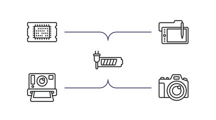 Poster - hardware outline icons set. thin line icons such as big processor, wacom, recharge, camera, big camera vector.