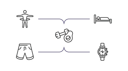 Poster - gym and fitness outline icons set. thin line icons such as stick man hoop, sleep, fitness nutrition, fitness shorts, training watch vector.