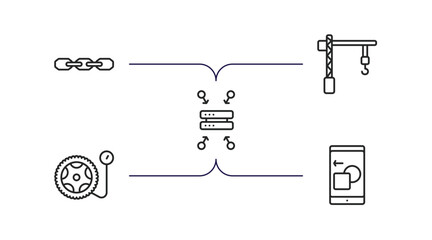 Poster - general outline icons set. thin line icons such as chain, construction crane, data aggregation, infl