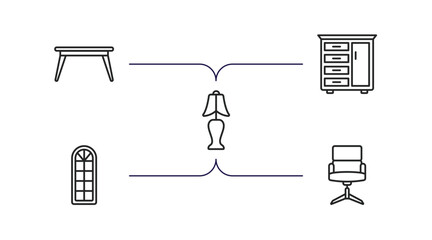 Poster - furniture & household outline icons set. thin line icons such as table, drawers, bedroom lamp, window, office chair vector.
