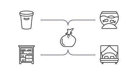Poster - furniture & household outline icons set. thin line icons such as waste basket, fish bowl, garbage bags, shelf, canopy bed vector.