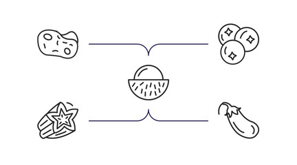 Poster - fruits and vegetables outline icons set. thin line icons such as potato, blueberries, rambutan, star fruit, aubergine vector.