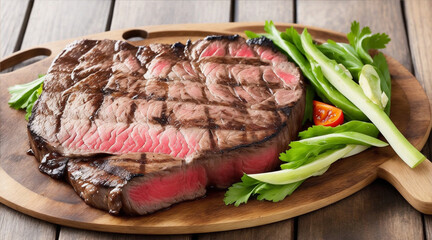 Grilled sirloin steak on rustic wood table by Generative AI