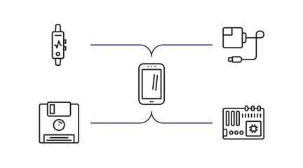 Poster - electronic devices outline icons set. thin line icons such as activity tracker, magsafe, cell phone, floppy, motherboard vector.