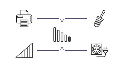 Poster - electrian connections outline icons set. thin line icons such as print, screwdriver, low, medium, wall socket vector.