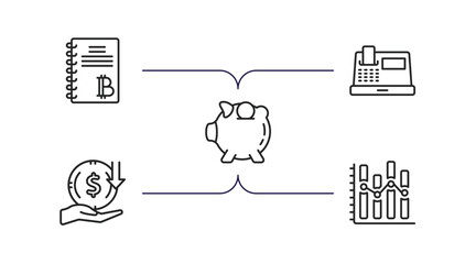 Poster - cryptocurrency outline icons set. thin line icons such as ledger, cash hine, piggy bank, income, stocks vector.