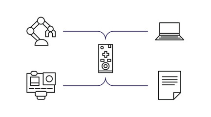 Poster - computer outline icons set. thin line icons such as robotics, widescreen laptop, tv controller, action camera, data page vector.