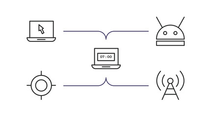 Poster - computer outline icons set. thin line icons such as open laptop on, robotic, morning work, calibrate, telecommunications vector.