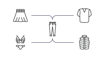 Wall Mural - clothes outline icons set. thin line icons such as circle skirt, v neck shirt, boyfriend low jean, lingerine, padded vest vector.