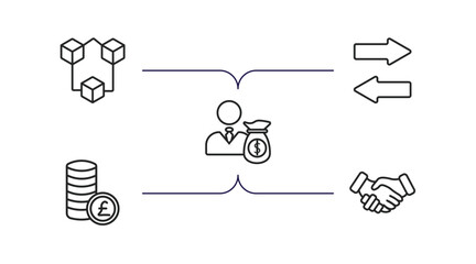 Poster - business outline icons set. thin line icons such as connection box chart, two way arrows, man carrying money, pounds coins stack, shaking hands vector.