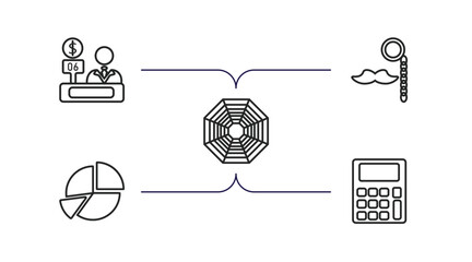 Poster - business outline icons set. thin line icons such as bank teller, man with moustach, spider chart, portion pie chart, calculator maths tool vector.