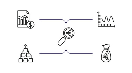 Poster - business outline icons set. thin line icons such as profit report, smooth line chart, euro under magnifier, item connections, euro money bag vector.