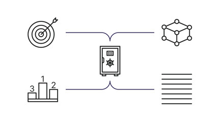 Poster - business outline icons set. thin line icons such as circular target, structure, big safe, ranking factor, lines vector.