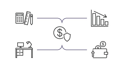 Poster - business outline icons set. thin line icons such as maths tool, deficit, safe money, work table, purpose of saving money vector.