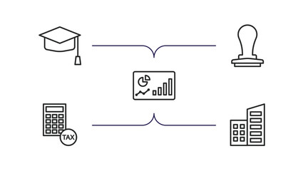 Poster - business outline icons set. thin line icons such as graduation ceremony, rubber stamp, progress report, tax calculate, corporation vector.