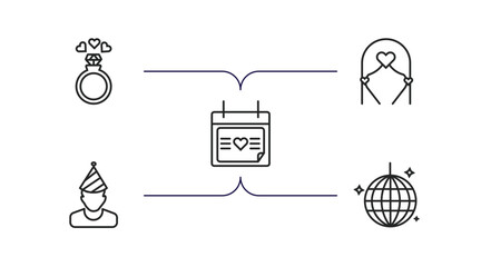 Wall Mural - birthday and party outline icons set. thin line icons such as wedding rings, wedding altar, wedding day, birthday boy, mirror ball vector.