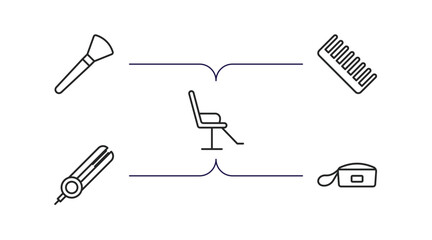 Poster - beauty outline icons set. thin line icons such as inclined makeup brush, comb, beauty salon chair, flat iron, little makeup box vector.