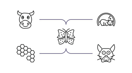 Poster - animals outline icons set. thin line icons such as cows, hibernation, insect, bee hive, japanese cat head vector.