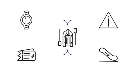 Poster - airport terminal outline icons set. thin line icons such as modern wirstwatch, danger sing, lifeboat, two plane tickets, airport down stairs vector.