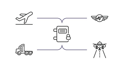 Poster - airport terminal outline icons set. thin line icons such as plane landing, air company, airpot cupboard, trailer truck, landing runway vector.