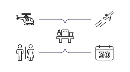Poster - airport terminal outline icons set. thin line icons such as helicopter flying, plane flying, luggage security, airport toilets, calendar day thirty vector.