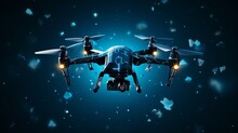 Digital Vector 3d Illustration Of Drone With Camera In Dark Blue. Drone Videography, Aerial Photography, Modern Technology Concept. Abstract Low Poly Quadcopter With Dots, Lines, Generative Ai