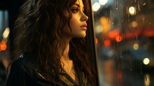A Beautiful Pensive Woman Looks Out The Window At Night During The Rain And Drops Flow Down The Glass. Face Of A Sad Girl Close-up. AI Generated