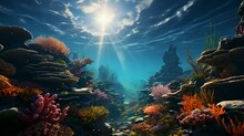 Underwater World With Fish And Corals. Underwater View Of Mari Fishes And Plants. AI Generated
