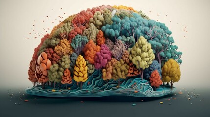Poster - Abstract human brain made in the form of leaves and natural trees and plants. The concept of the unity of man and the nature of the environment. AI generated