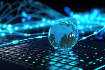 Poster - Glass global with network on keyboard and web fiber optic