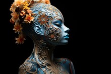 A High-fashion Studio Shot Of A Model With Intricate Body Paint And Prosthetics, Blurring The Line Between Art And Reality And Highlighting The Transformative Nature Of Both Plastic Surgery And Artist