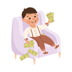 Sticker - Happy Rich Boy Millionaire Sitting in Armchair with Dollar Banknote Vector Illustration