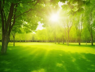 Beautiful spring background. View of natural park with a green lawn through young juicy foliage of trees in rays of soft sunlight, Generative AI