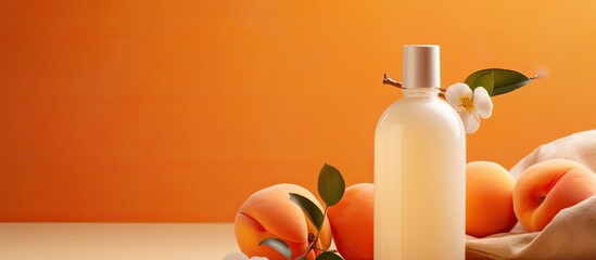 Poster - The brightening cream, body lotion, and facial foam are natural cosmetic beauty products that come in a glass bottle with either serum or oil. The mock-up shows the bottle alongside fresh apricots