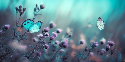 Wild light blue flowers in field and two fluttering butterfly on nature outdoors, close-up macro. Magic artistic image. Toned in blue and purple, Generative AI