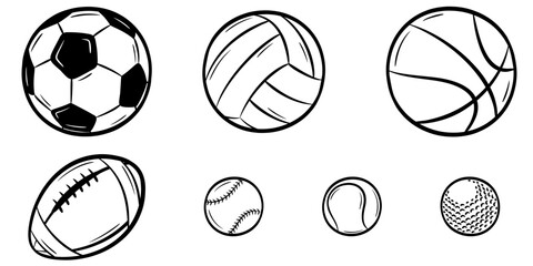 Set of sports ball illustration doodle collection. Black cartoon sketch isolated on white background