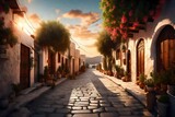 Fototapeta Uliczki - Wide angle shot of narrow streets at sunrise in Bodrum, Mugla, Turkey. Tourism and leisure concept 3d rendering