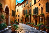 Fototapeta Uliczki - Colorful street in Pienza, Tuscany, Italy 3d rendering