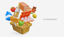 3d Realistic Shopping Basket With Natural Healthy Food. Time To Buy Eggs, Cheese And Fruits Online. Set Of Products For Balanced Diet Concept. Vector Illustration With Place For Text