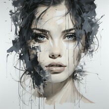 Portrait Of A Beautiful Young Woman With A Fashion Hairstyle, Art. Beautiful Black And White Watercolor And Painting Of A Young Girl With Dripping Paint. Close-up Face Vector Illustration Of A Female.