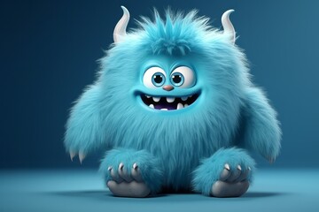 Poster - Cute blue furry monster 3D cartoon character